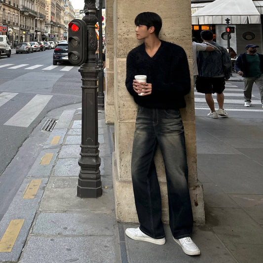 Vintage Distressed Straight Leg Jeans for Men - Winter Loose Thick Long Pants - Commute Wide Leg Pants