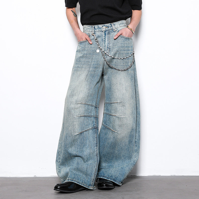 Bamboo Pattern Curved Knife Denim Loose and Slimming Wide Leg Pants