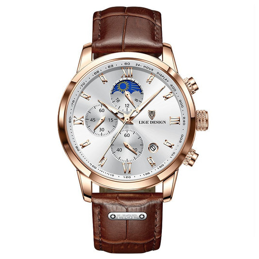 Men's Quartz Watch Multifunction Chronograph Moon Phase Quartz Movement Waterproof Watch