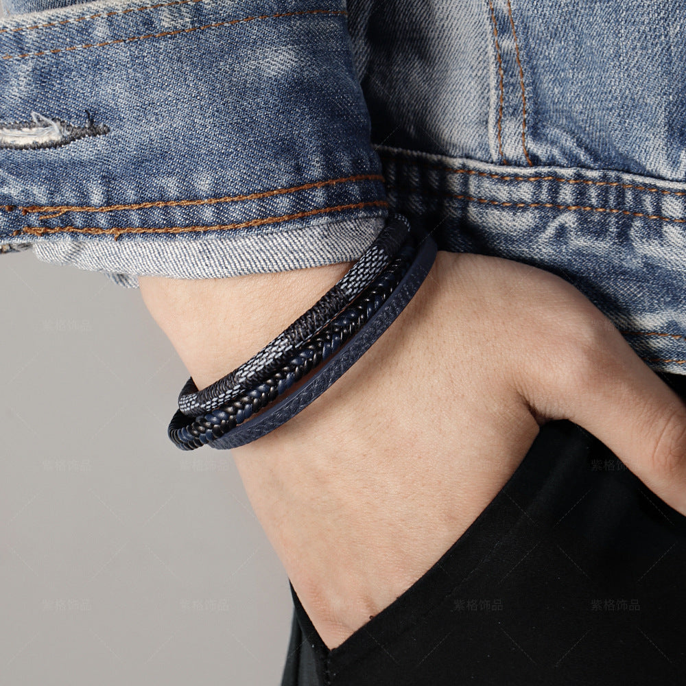 Leather Bracelet Multi-Layer Hand-Woven - Magnetic Buckle