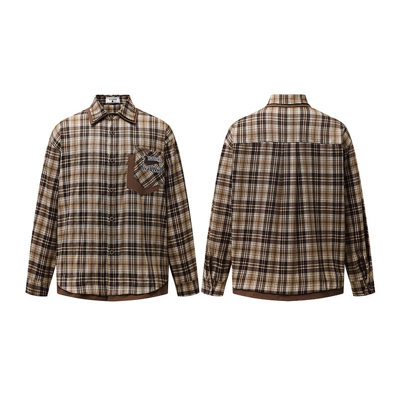 Brown Plaid Shirt Loose Casual Blouse Jacket Long Sleeve Top