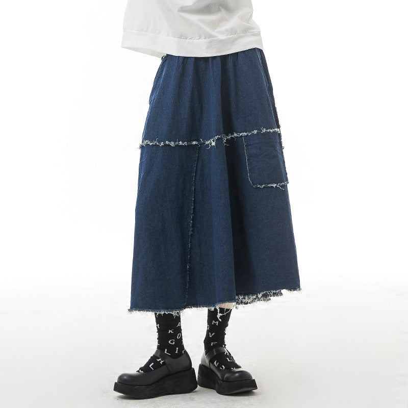 High Elastic Waist Blue Denim Vintage Skirt for Women
