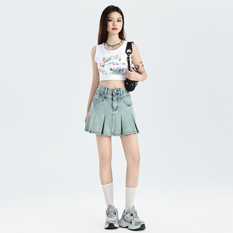 Women's High Waist Pleated Denim Skirt - Slim Fit, Short Length