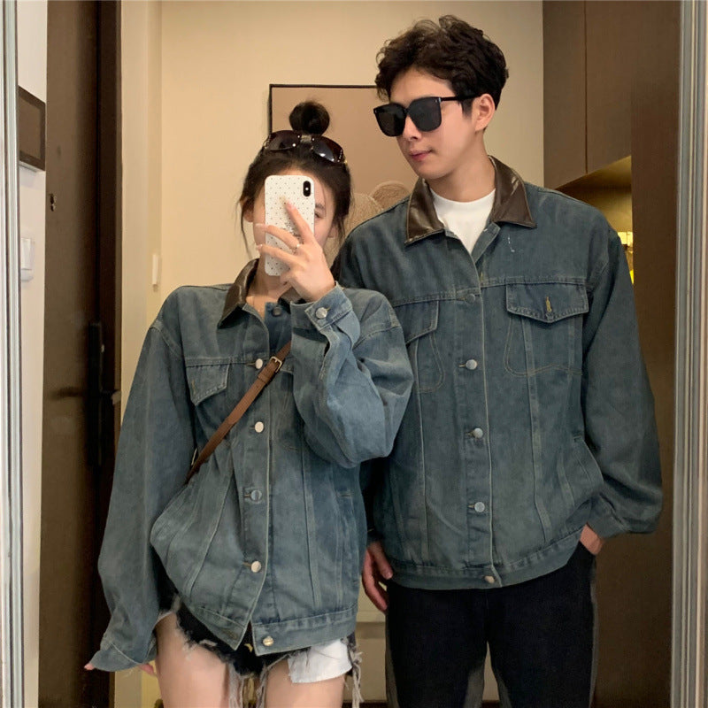 Retro Denim Jacket for Couples, Loose Fit Turn-down Collar Workwear Style, Street