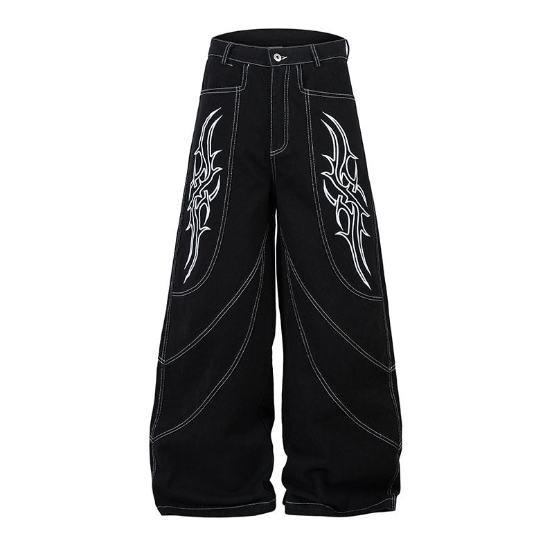 Wide Leg Long Pants with Thorns Embroidery - Unisex Trendy Denim
