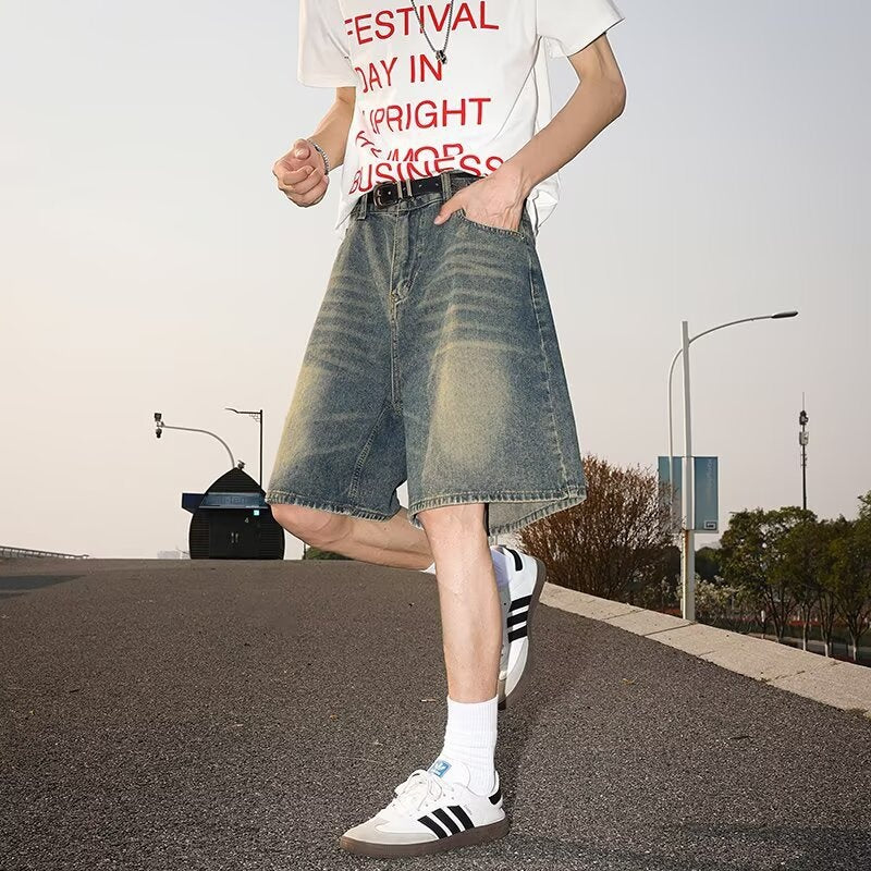 Washed and Worn Semi-Elastic Waist Denim Shorts