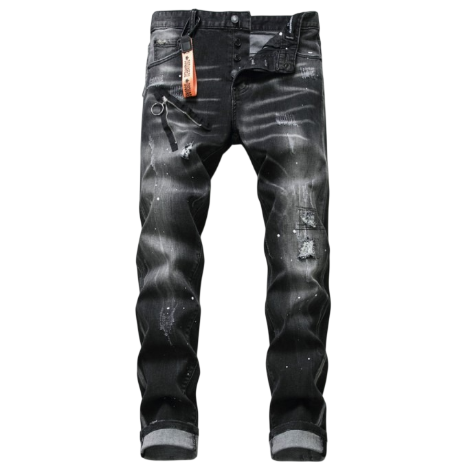 Black and Gray Torn Zipper Jeans for Men