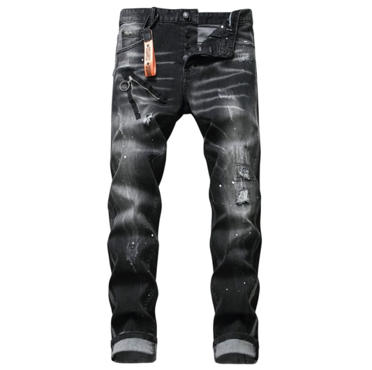Black and Gray Torn Zipper Jeans for Men