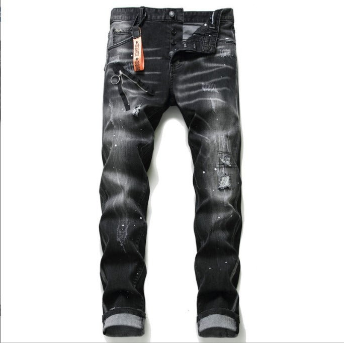 Black and Gray Torn Zipper Jeans for Men