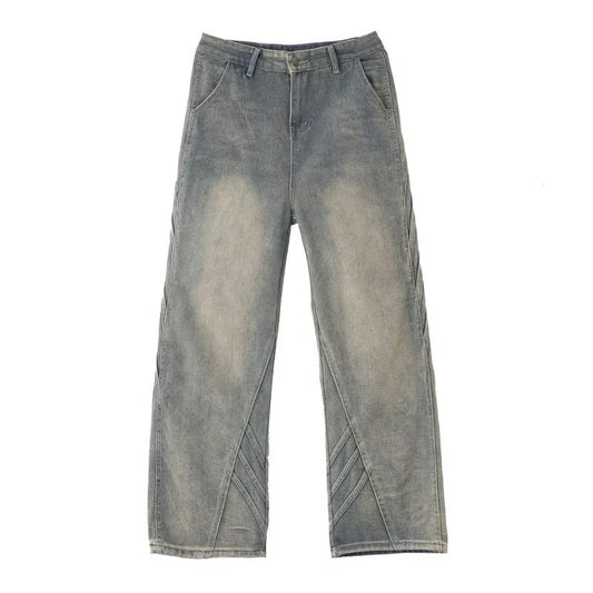 Retro Washed Straight Leg Denim Curved Knife Wide Leg Pants