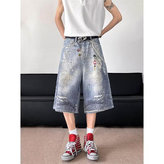 Full Print Hanging Decoration Wide Leg Denim Shorts