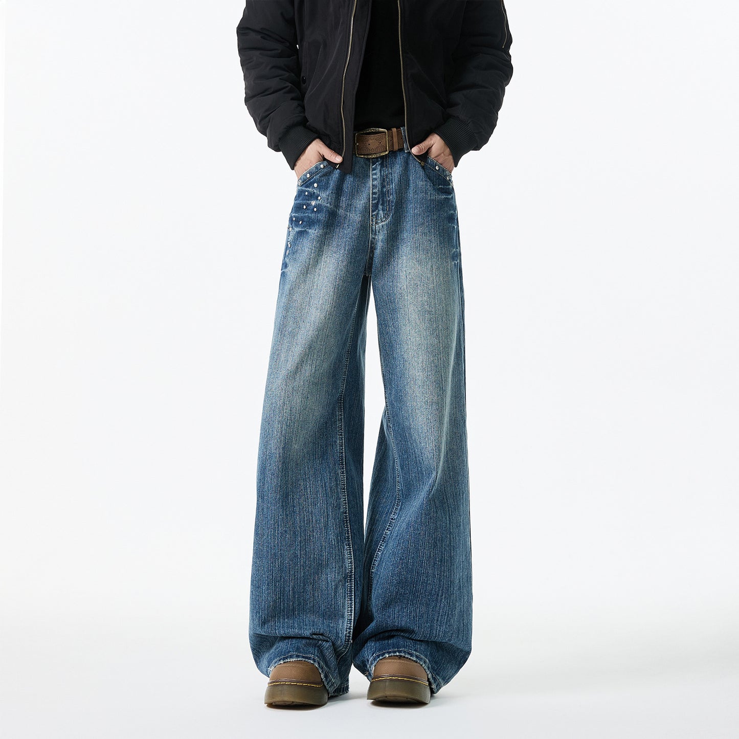 Retro Washed Denim Men's Straight Leg Loose Rivet Pants