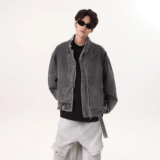Vintage Washed Distressed Deconstructed Denim Jacket for Men - Minimalist Street Style Design