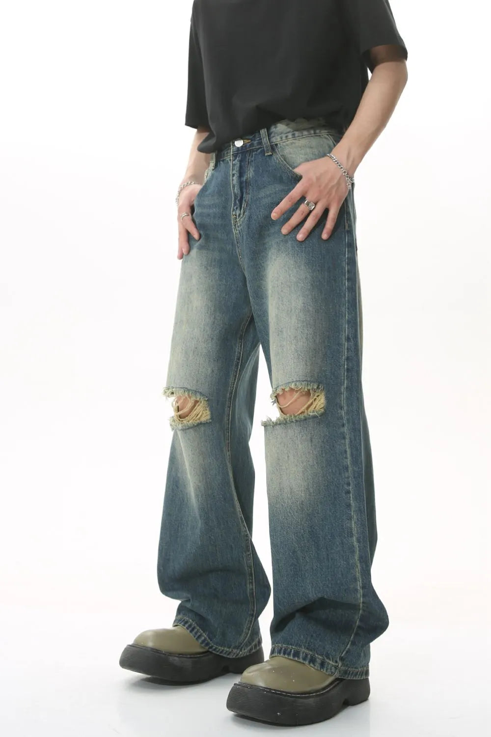Distressed Wide Leg Men's Jeans - Premium Japanese Denim