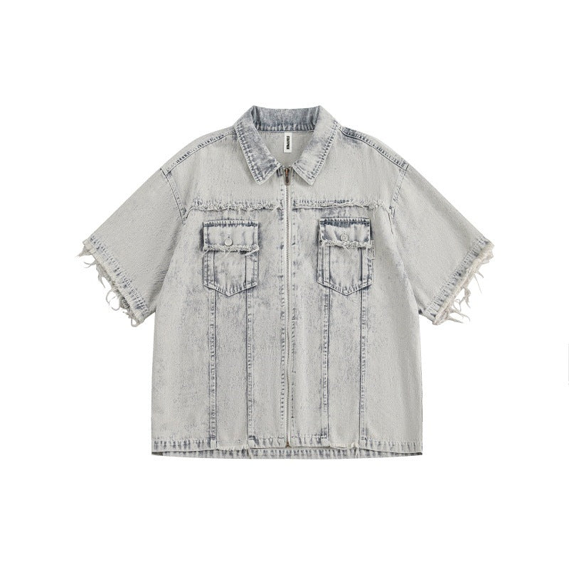 Retro Distressed Loose-Fit Denim Short-Sleeve Shirt with Raw Edges