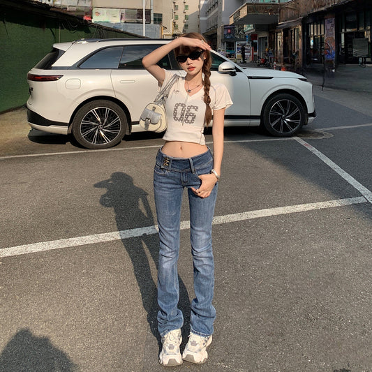 Women's Low Waist Flared Jeans Slim Fit Elastic Straight Leg Horseshoe Pants