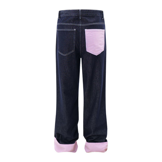 Color Blocked Flanged Denim Straight Leg Pants for Men
