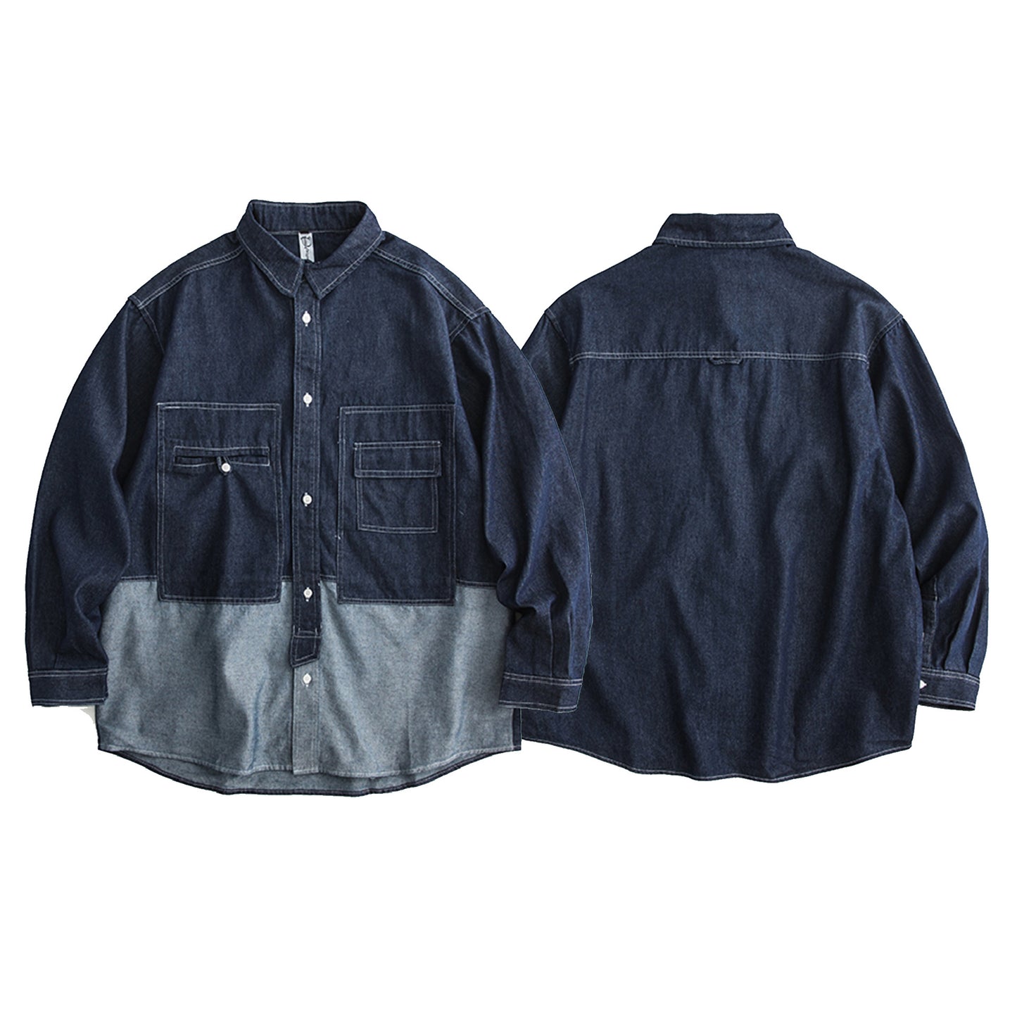 Patchwork Color-Block Loose Fit Workwear Long Sleeve Denim Shirt