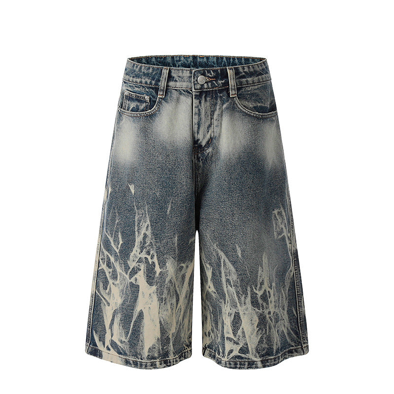 Lightning Patterned Denim Seven Quarter Shorts for Modern