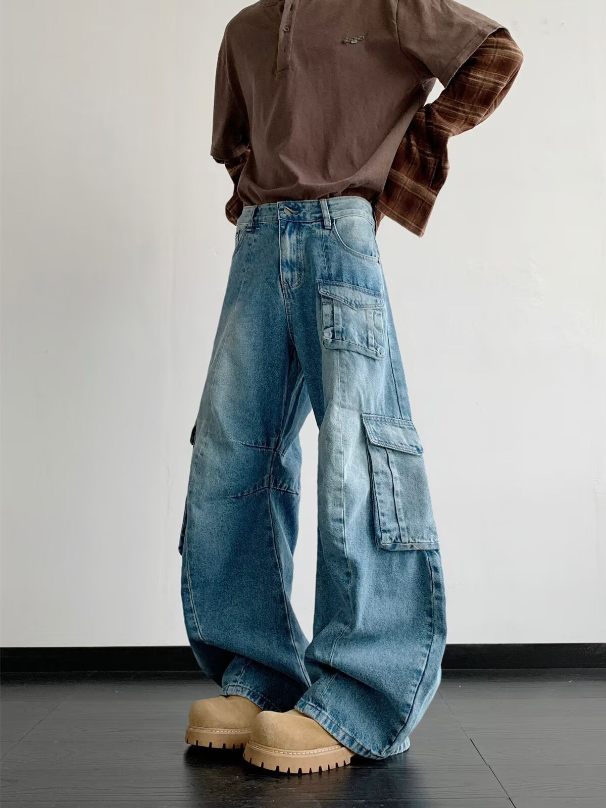 Multi Pocket Curved Knife Denim Loose Wide Leg Work Pants