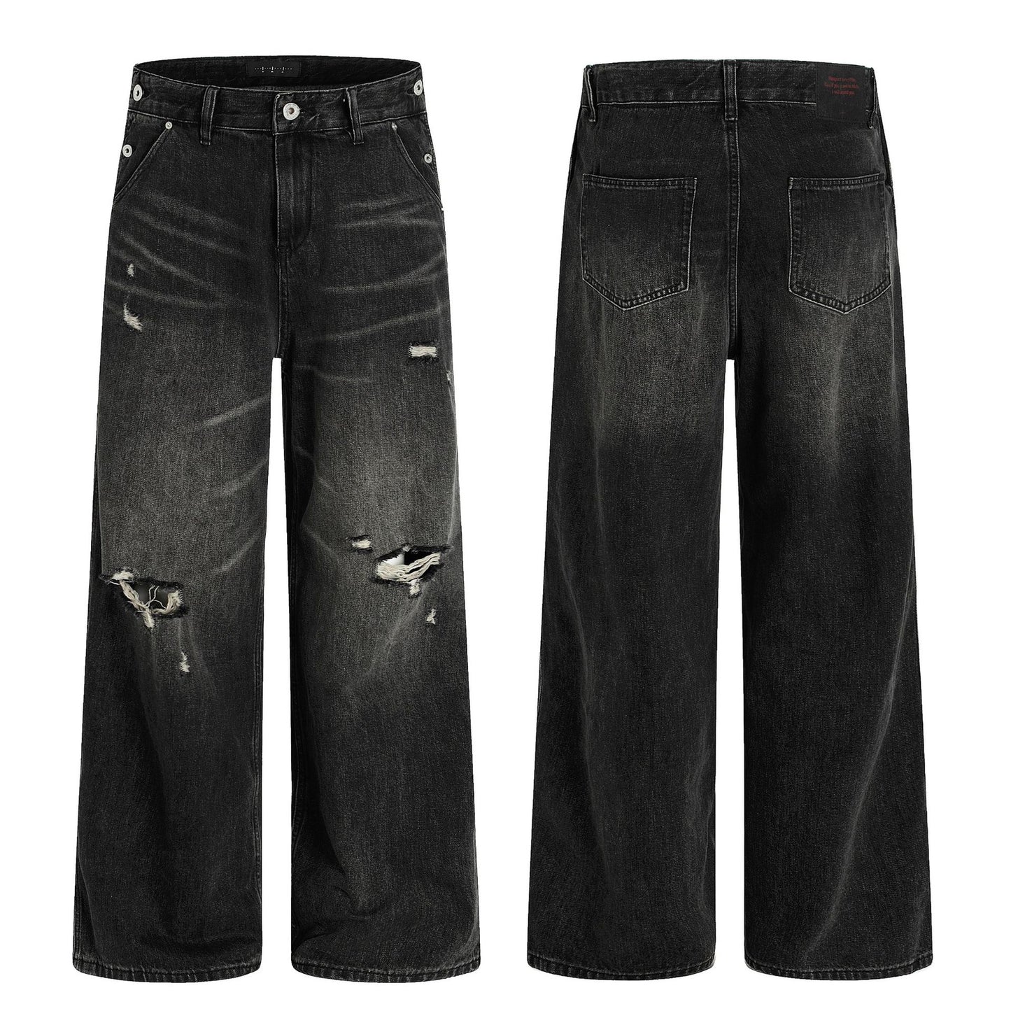 Washed Loose Fit Dark Destroyed Straight Leg Wide Leg Casual Long Pants