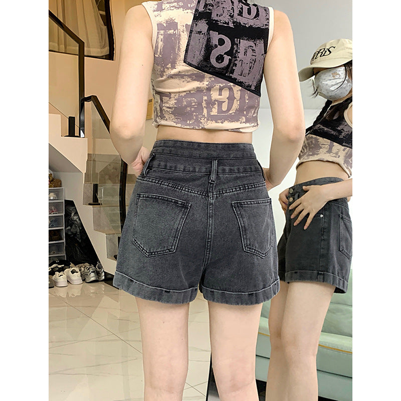 Casual Cuffed Wide Leg Denim Shorts for Women
