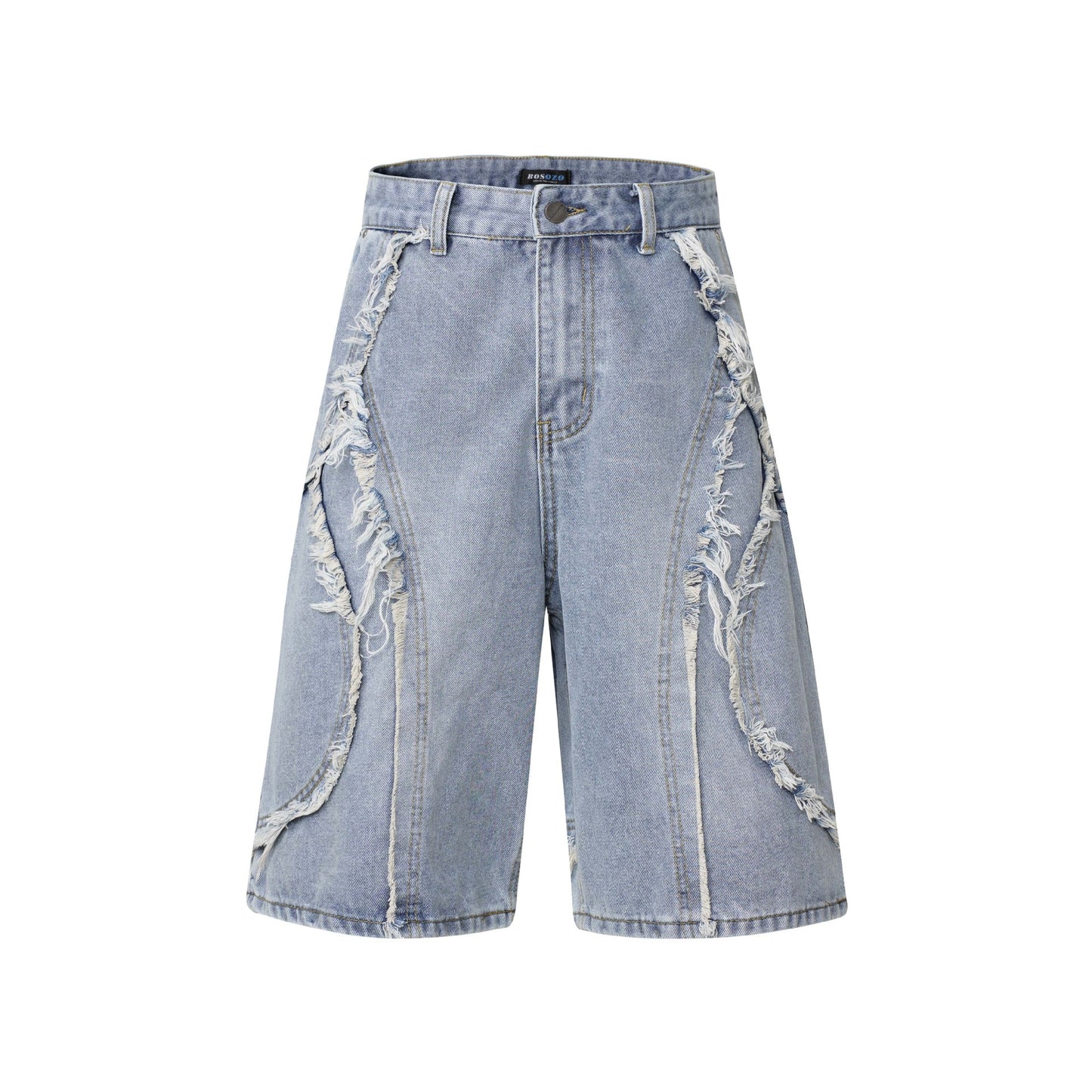 Washed Distressed Patchwork Cat Whisker Denim Shorts - Unisex Loose Wide Leg Pants