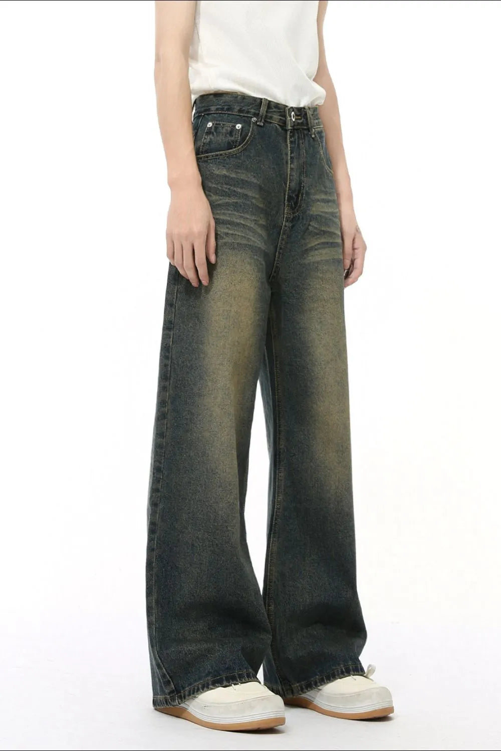 Washed Cat Whisker Straight Leg Jeans - Premium Japanese Denim