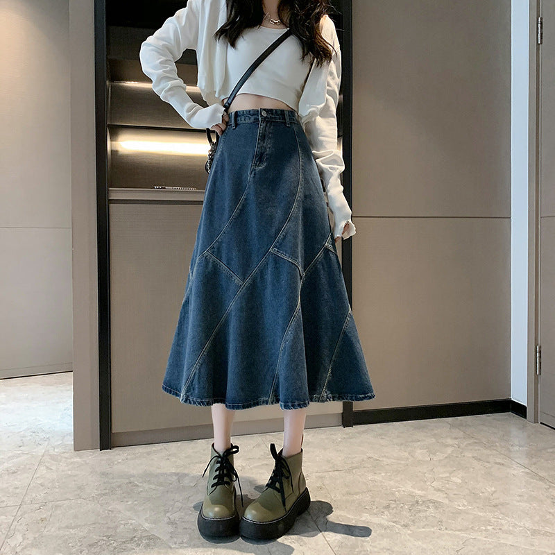 High Waist A-Line Loose Midi Denim Skirt for Women