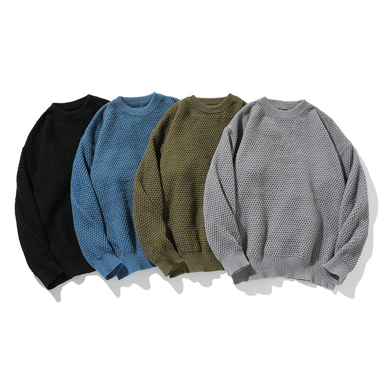 Pineapple Pattern Knit Sweater for Men - Round Neck, Loose Fit Knitwear