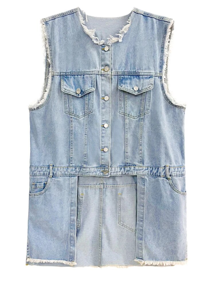 Women’s Loose Fit Blue Denim Irregular Burr Big Size Vest - O-Collar Sleeveless