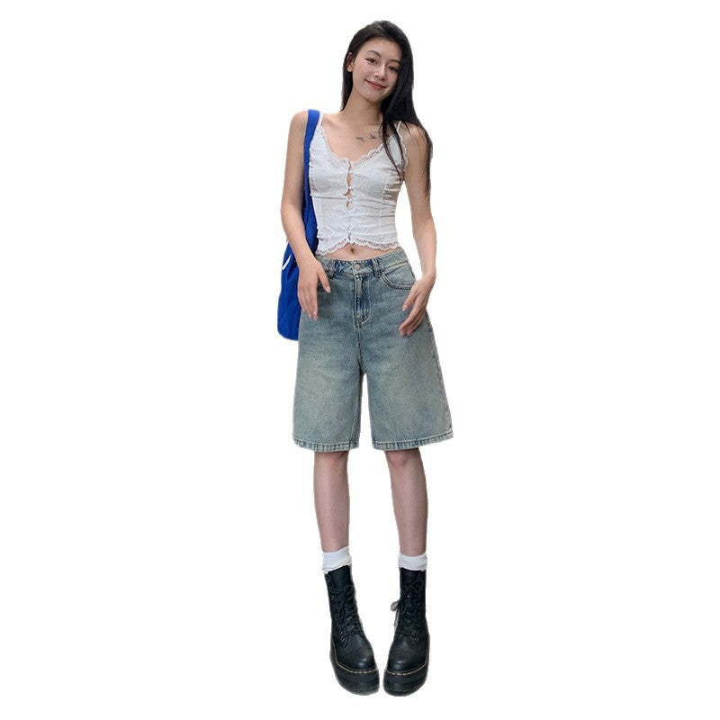 Women's Retro Denim Shorts - High Waist Loose Slim Straight Leg Pants