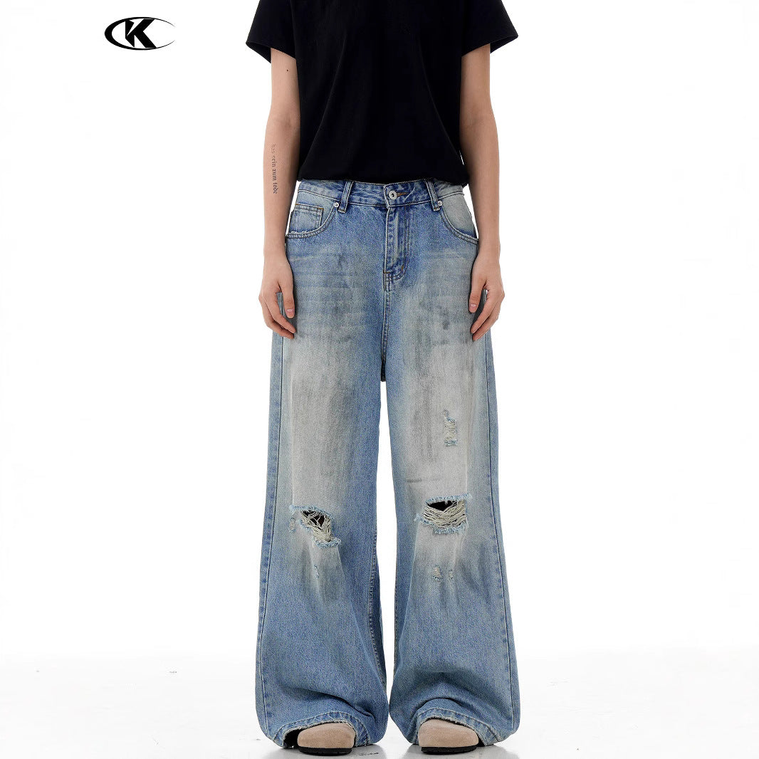 Faded Distressed Denim Pants for Men and Women | Streetwear Straight Loose Slim Fit