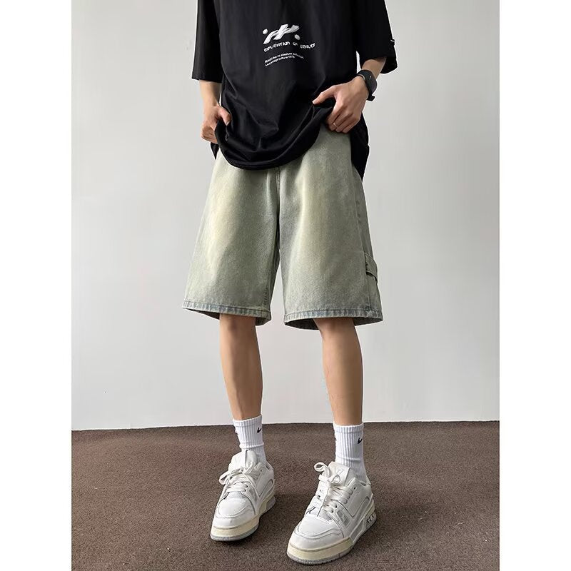 Retro Yellow Mud-Dyed Denim Zippered Niche Five-Quarter Pants