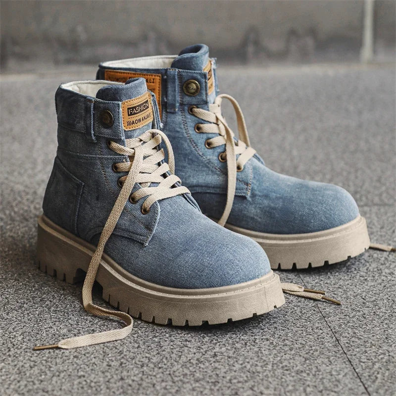 Men's Retro Washed Denim High Top Boots with Thick Sole