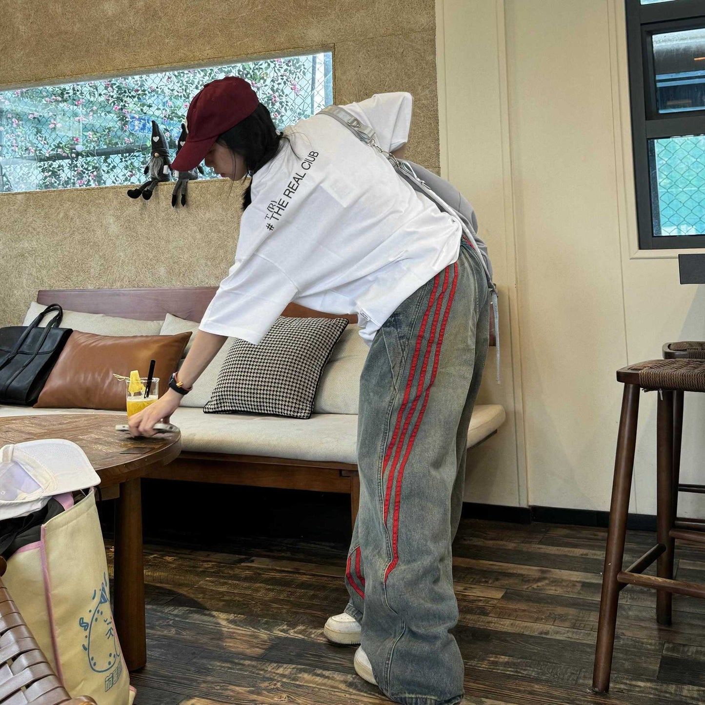 Vintage Denim Straight Leg Wide Leg Pants with Side Stripes