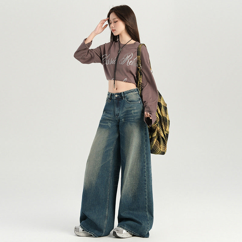 Women's Heavy Wash Denim Pants Loose Wide Leg Trousers - Retro Lazy Fit