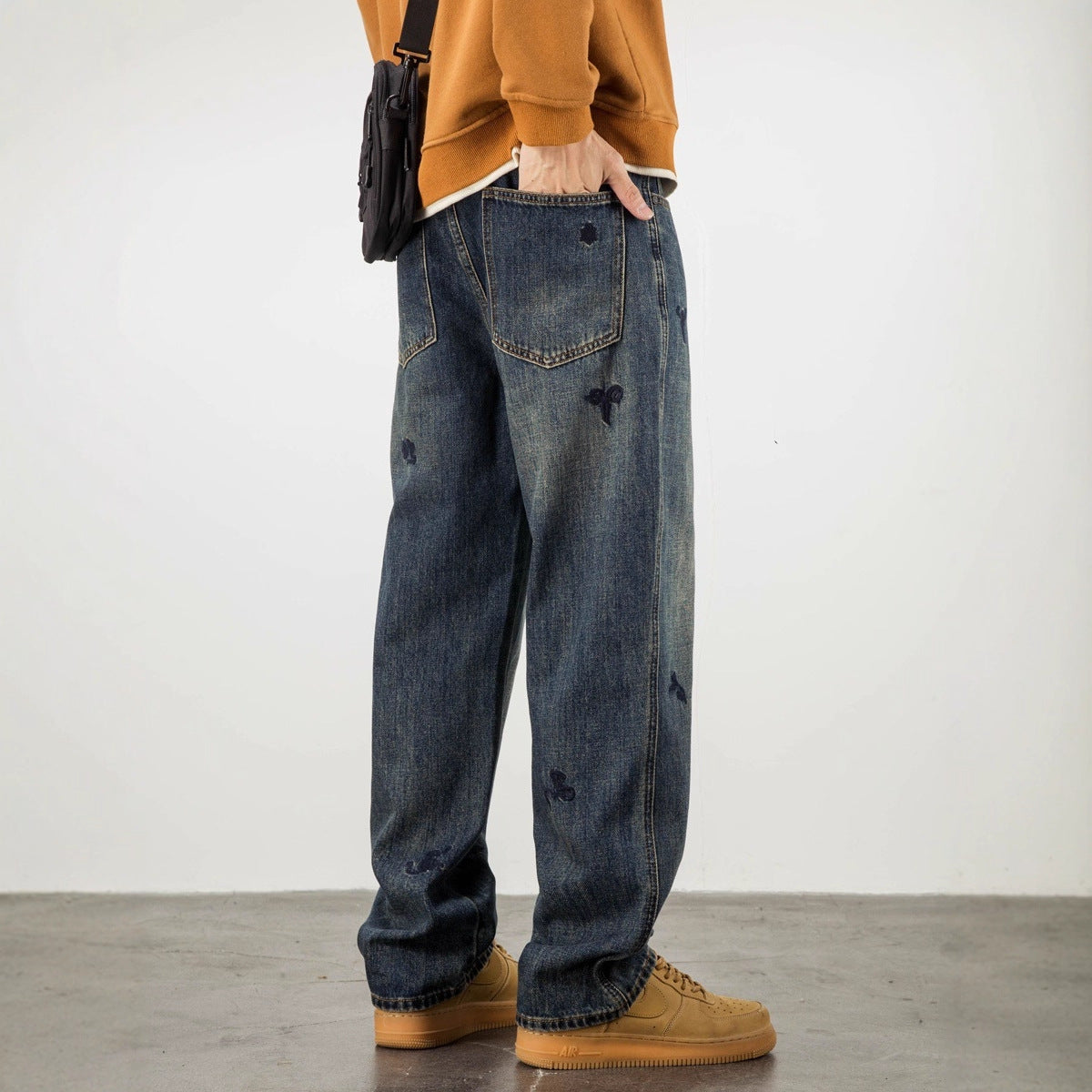 Embroidered Denim Pants - Straight Loose Casual Vintage Style Thickened