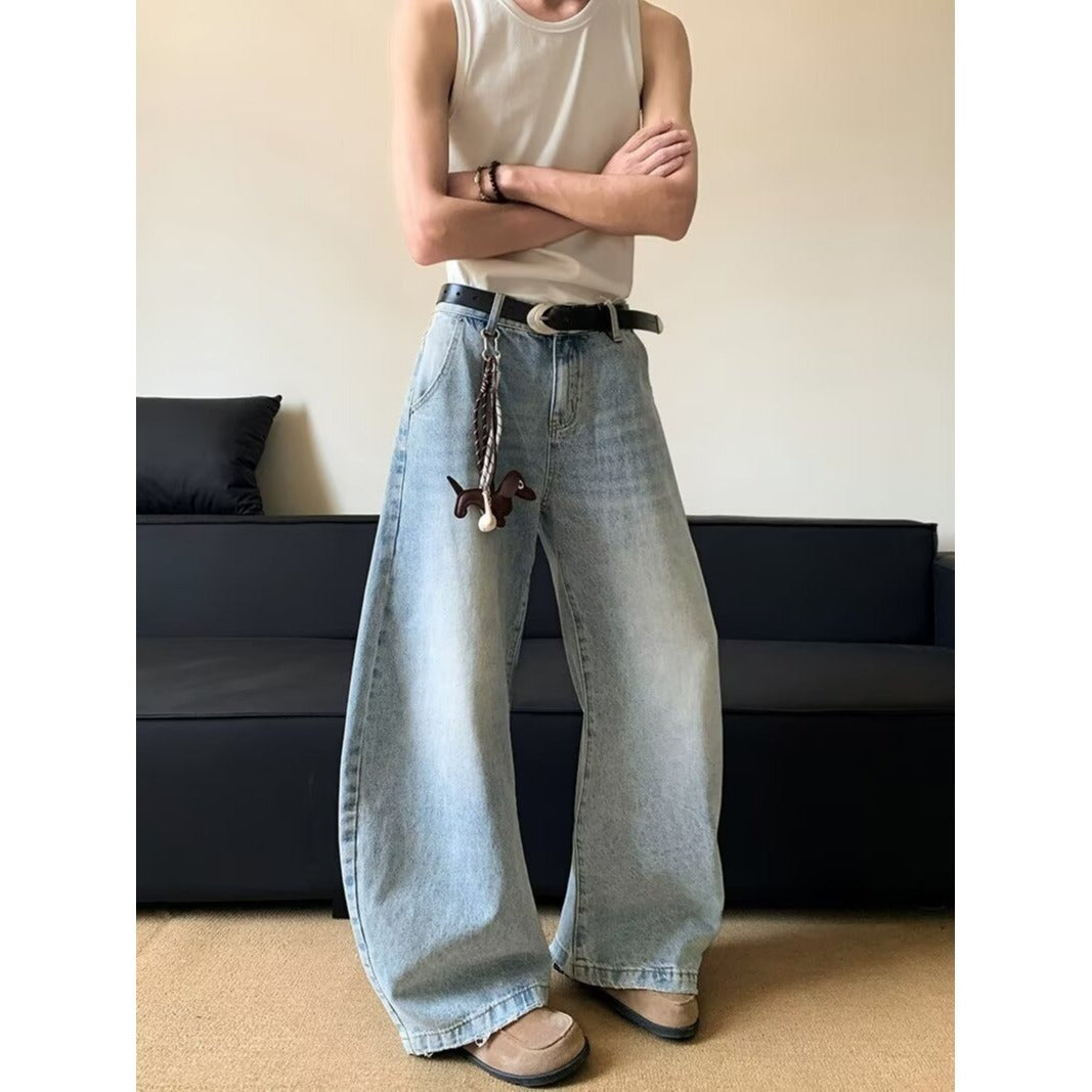 Washed Curved Knife Denim Loose Straight Leg Casual Pants