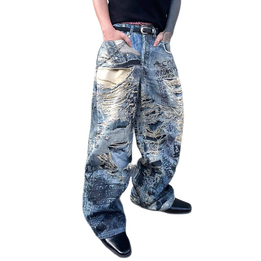 Digital Printed Letter Flower Denim Jeans for Men