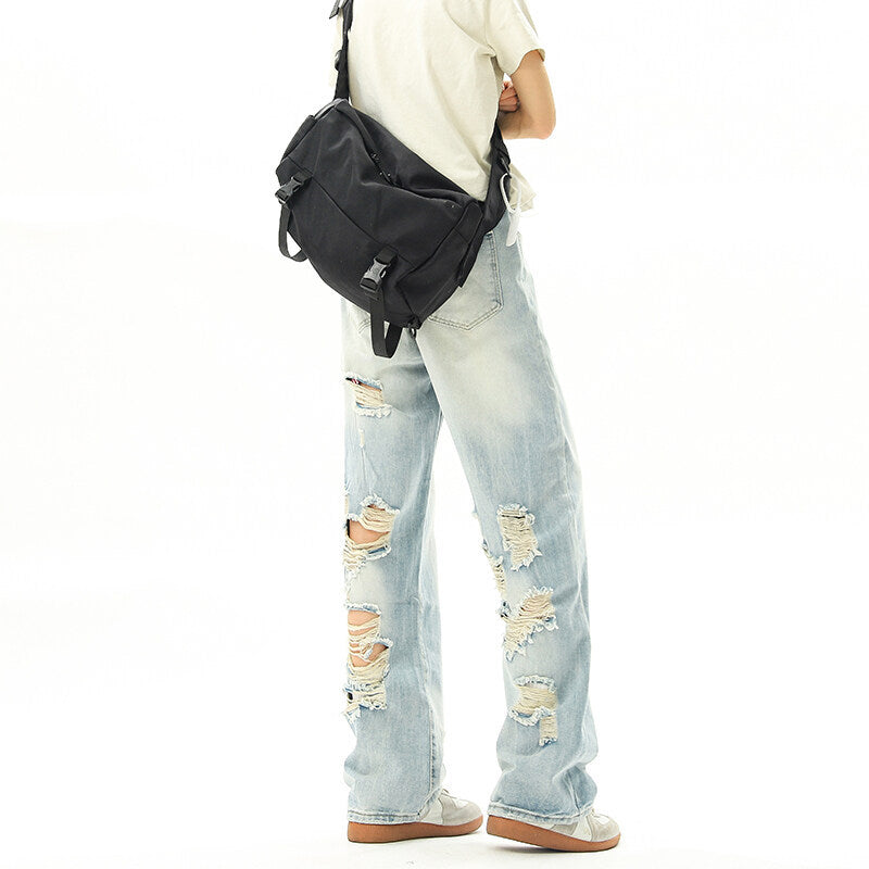 Retro Washed Hanging Straight Leg Jeans - Loose Light Blue Long Pants