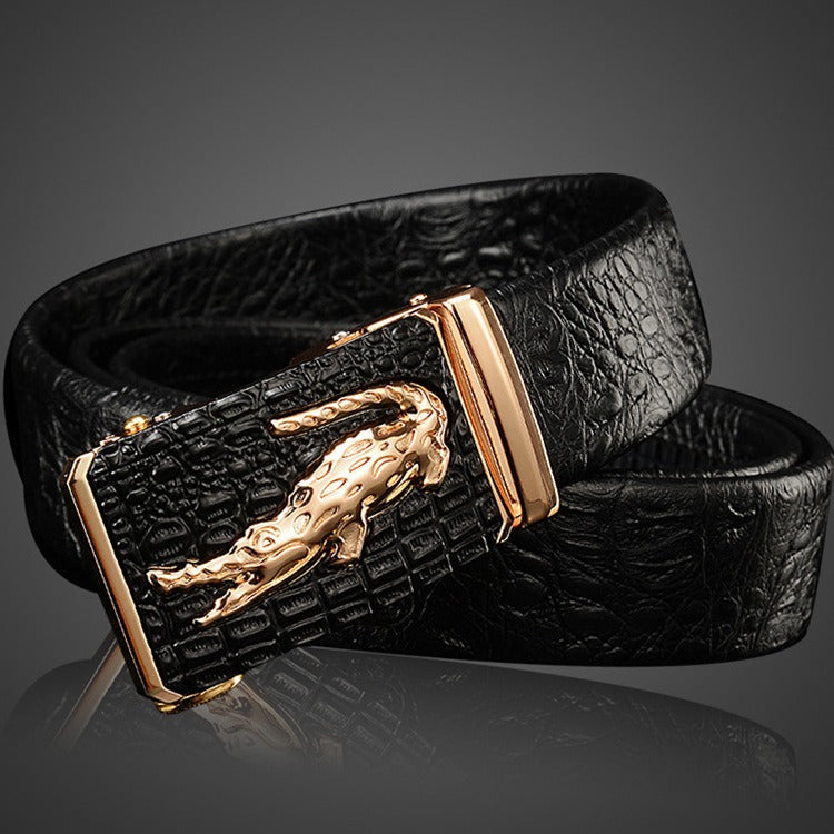 Men's Genuine Leather Belt with Automatic Buckle - Cowhide and Crocodile Pattern