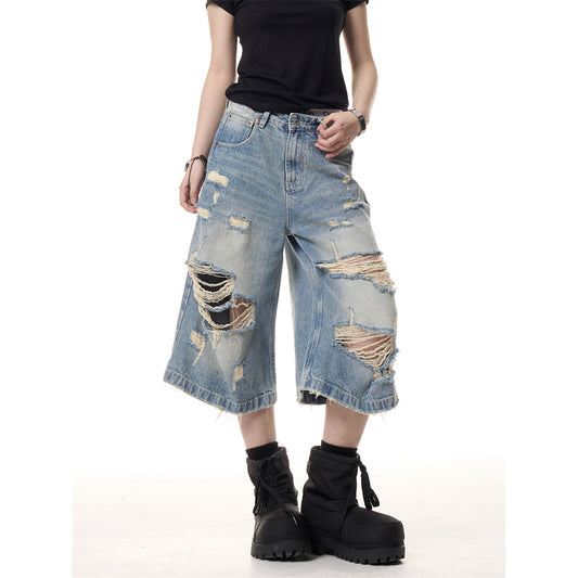 Summer Ripped Thin Cropped Pants in Blue Denim