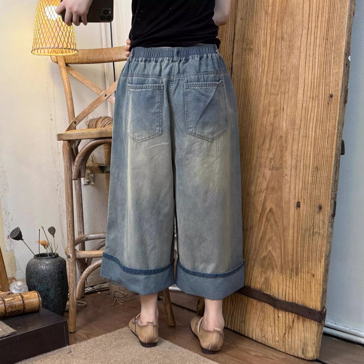 Vintage Washed Wide Cuff Design High Waist Straight Leg Denim Pants