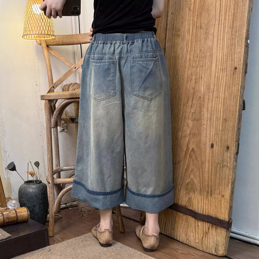 Vintage Washed Wide Cuff Design High Waist Straight Leg Denim Pants