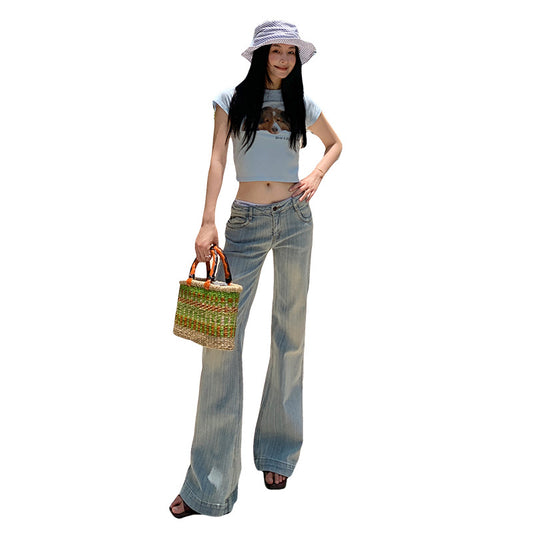 Women's Shallow Blue Flared Jeans - Summer Thin Low Waist Trumpet Pants