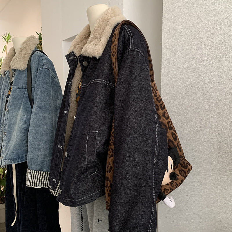 Patchwork Stripe Collar Thick Fleece Lined Single Button Long Sleeve Denim Jacket for Women