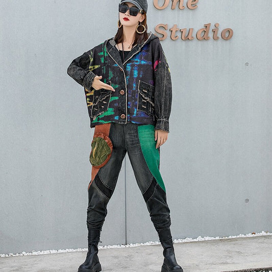 Fashion Tie-dye Print Contrast Stitching Denim Hooded Jacket