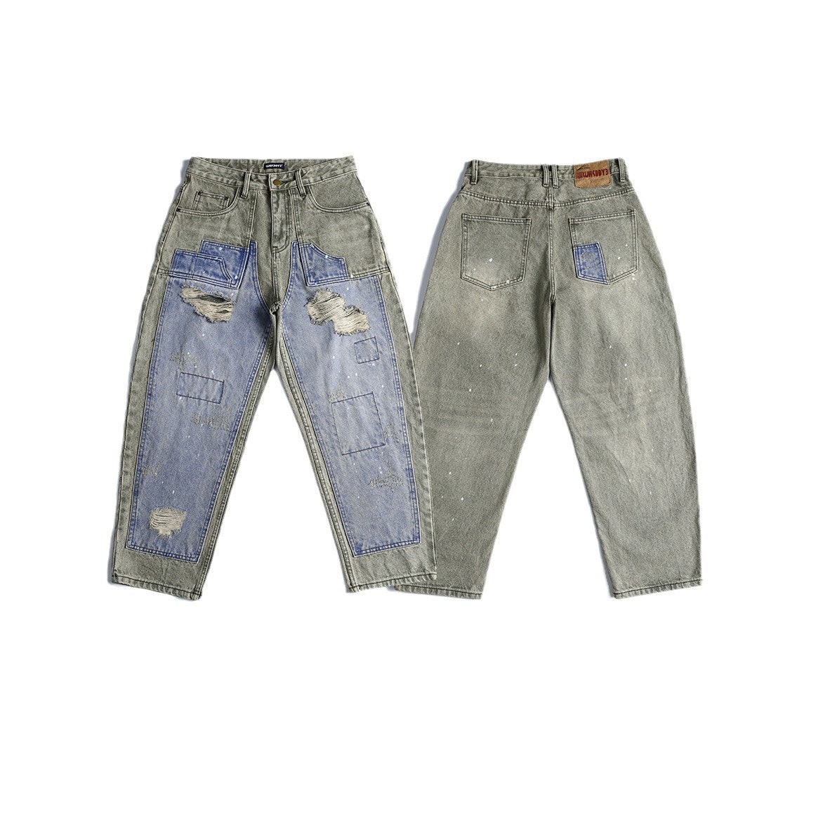 Washed Retro Contrasting Splicing Loose Tapered Pants