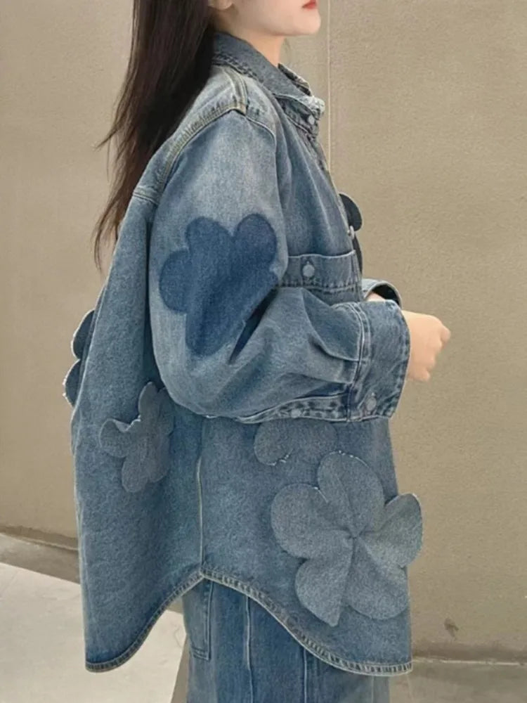 Elegant Floral Denim Jacket for Women - Loose Fit
